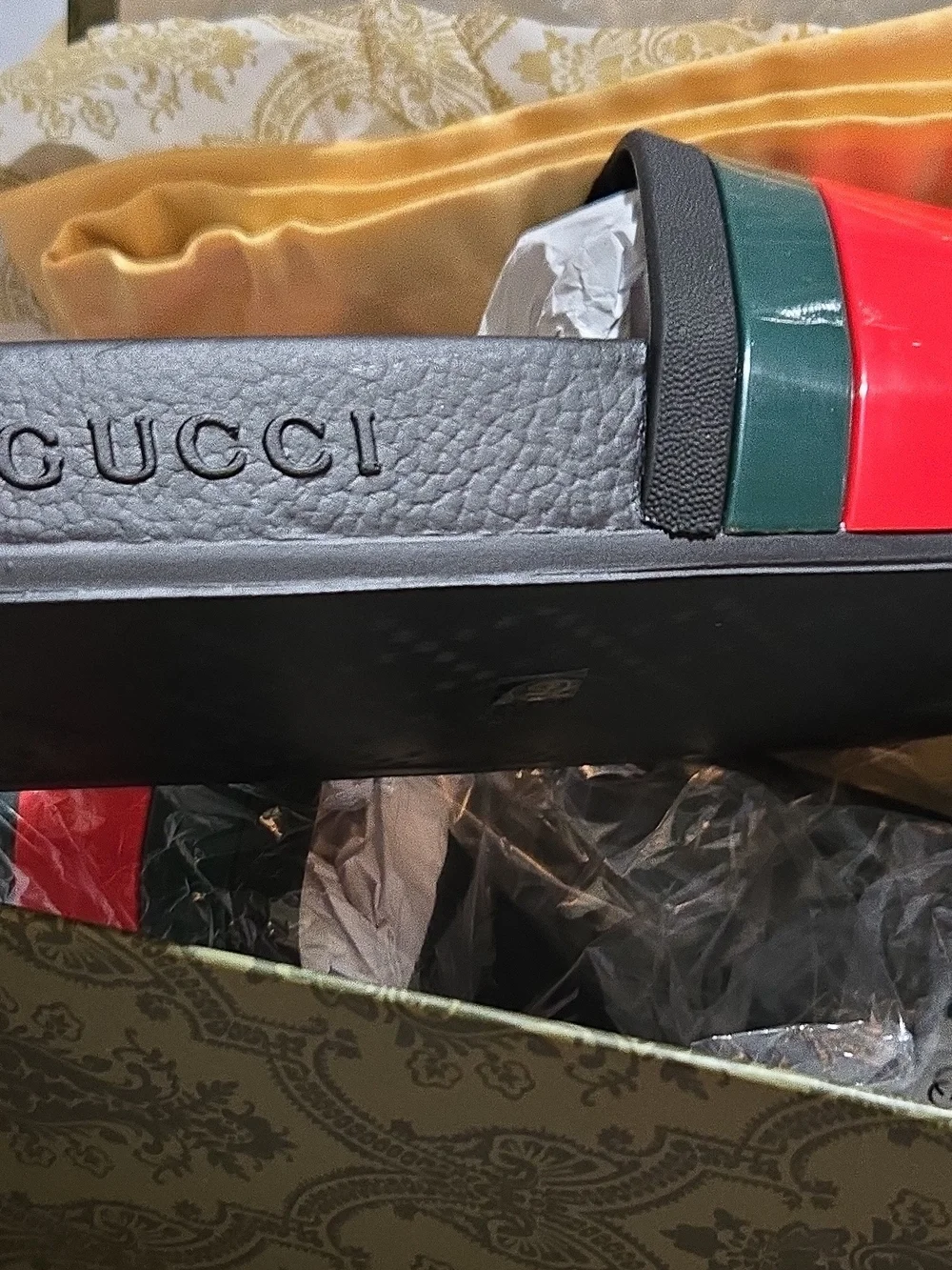 Gucci Black Slides with Green and Red Web Stripe